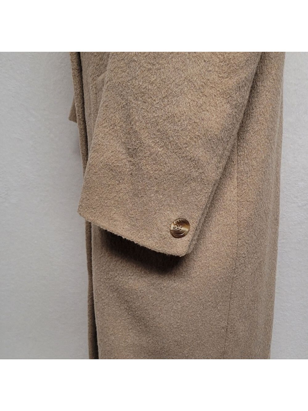 80s Vintage Jones New York Tan Pure Wool Notched Collar Longline Trench Coat XL - Picture 6 of 14